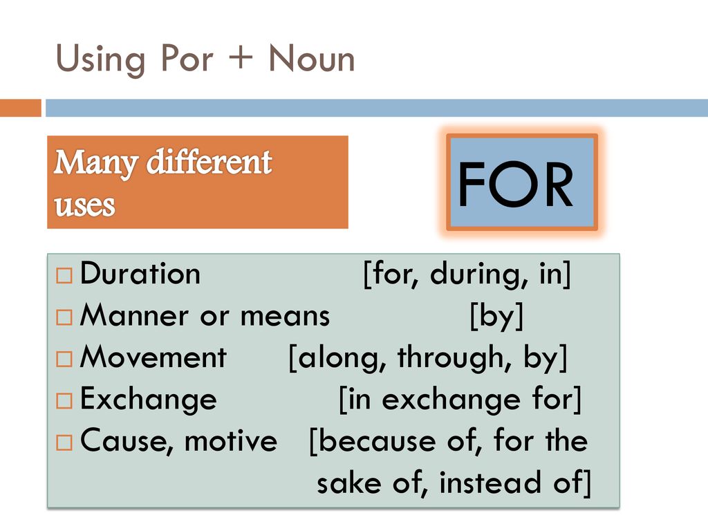 FOR Using Por + Noun Duration [for, during, in] Manner or means [by]