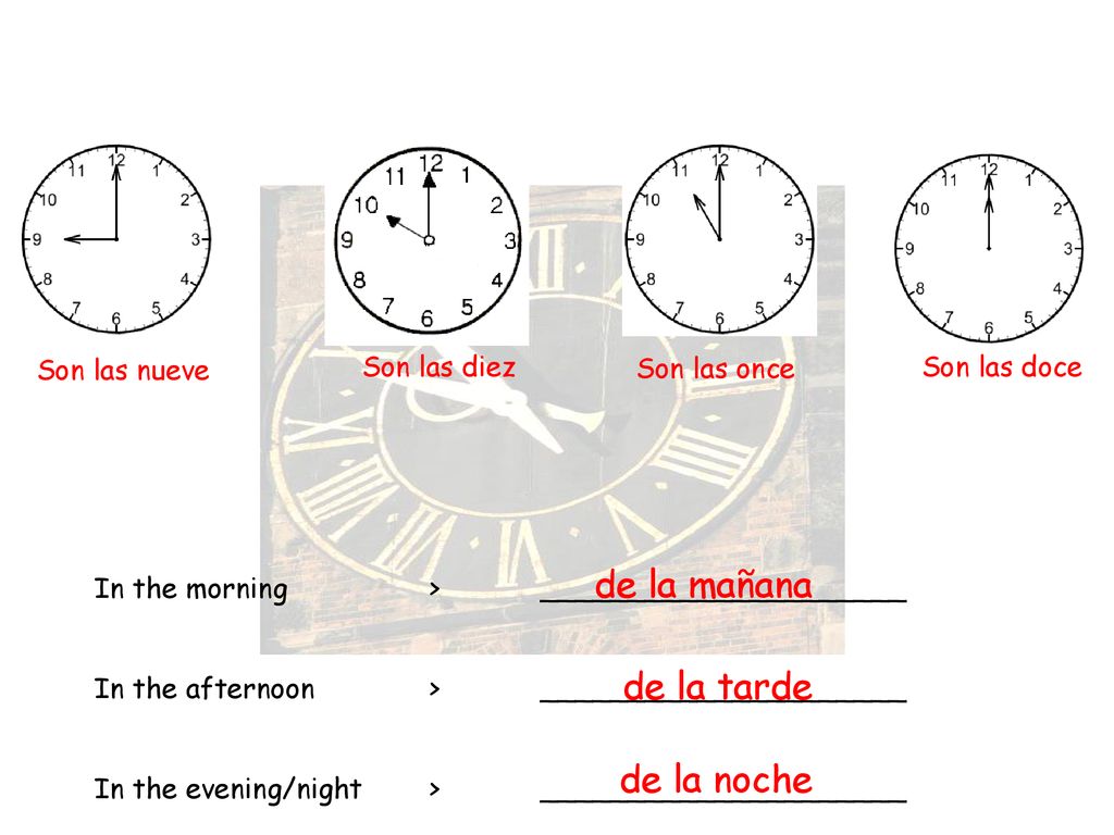 de la mañana de la tarde de la noche Son las nueve Son las diez