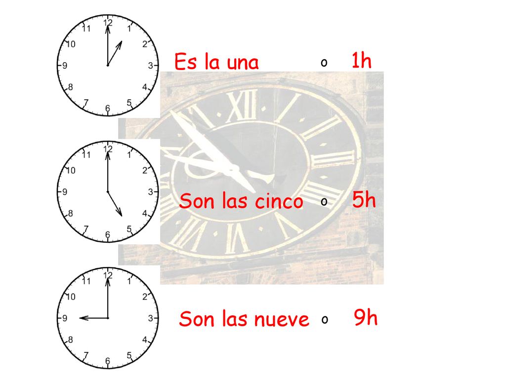 Es la una 1h o Son las cinco 5h o Son las nueve 9h o