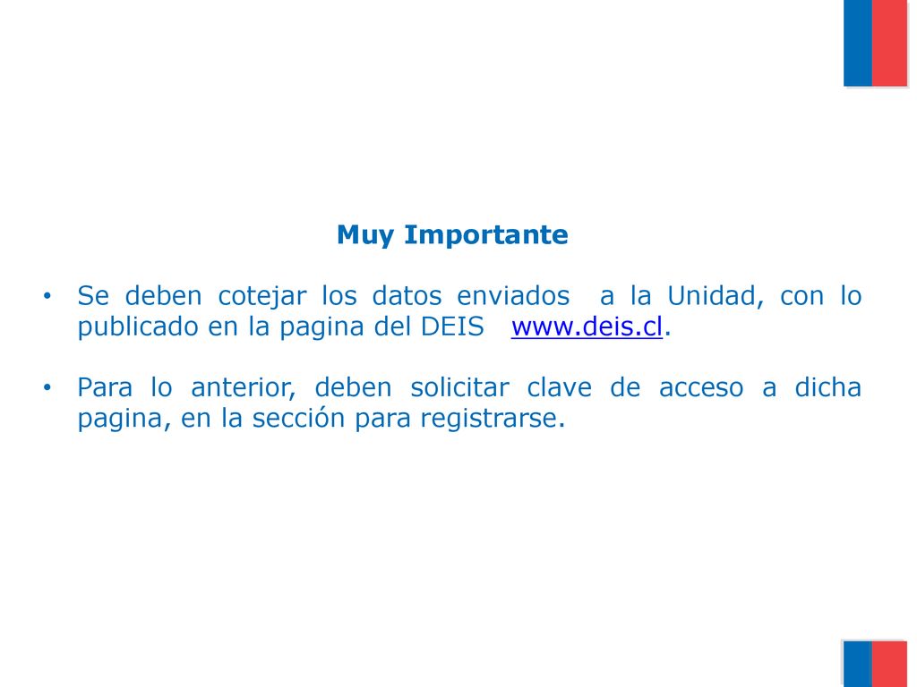Muy Importante Se deben cotejar los datos enviados a la Unidad, con lo publicado en la pagina del DEIS