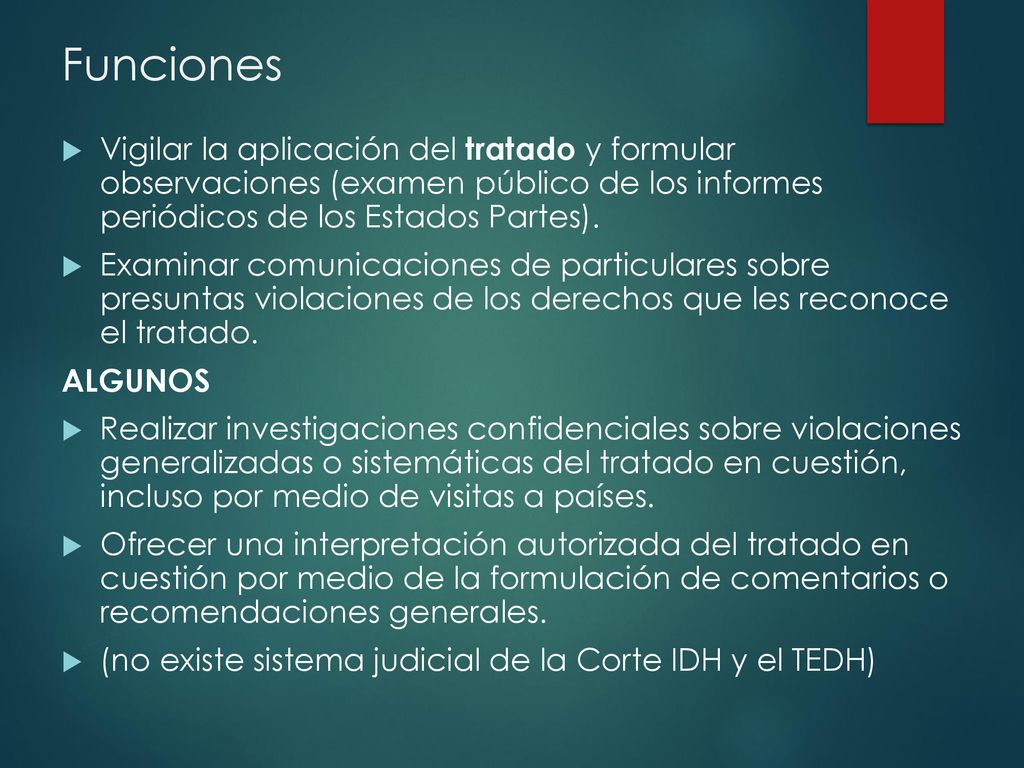 Funciones Vigilar la aplicación del tratado y formular observaciones (examen público de los informes periódicos de los Estados Partes).