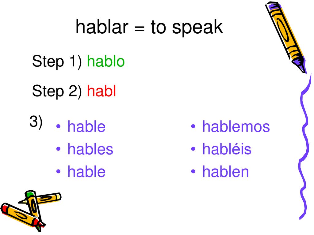 hablar = to speak Step 1) hablo Step 2) habl 3) hable hables hablemos