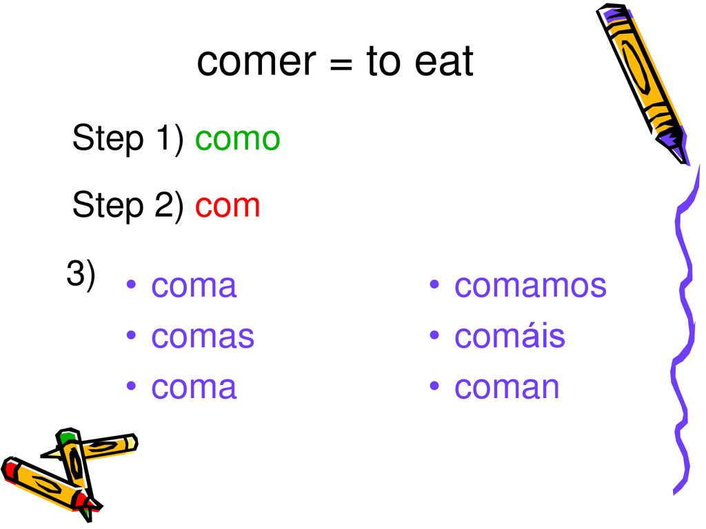 comer = to eat Step 1) como Step 2) com 3) coma comas comamos comáis