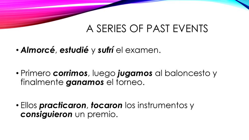 A series of past events Almorcé, estudié y sufrí el examen.