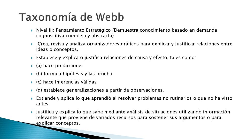 Taxonomía de Webb Nivel III: Pensamiento Estratégico (Demuestra conocimiento basado en demanda cognoscitiva compleja y abstracta)