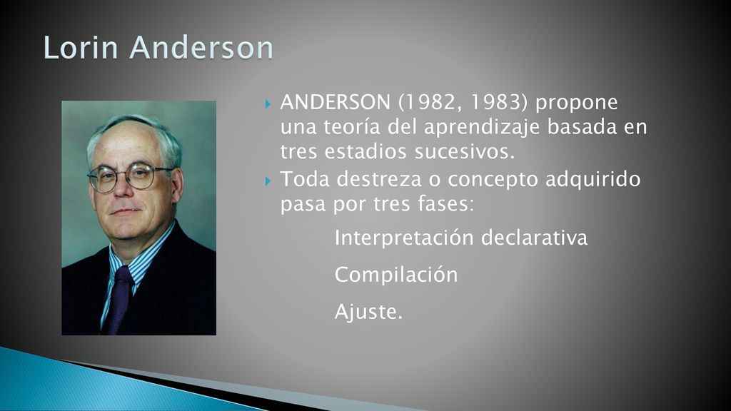 Lorin Anderson ANDERSON (1982, 1983) propone una teoría del aprendizaje basada en tres estadios sucesivos.