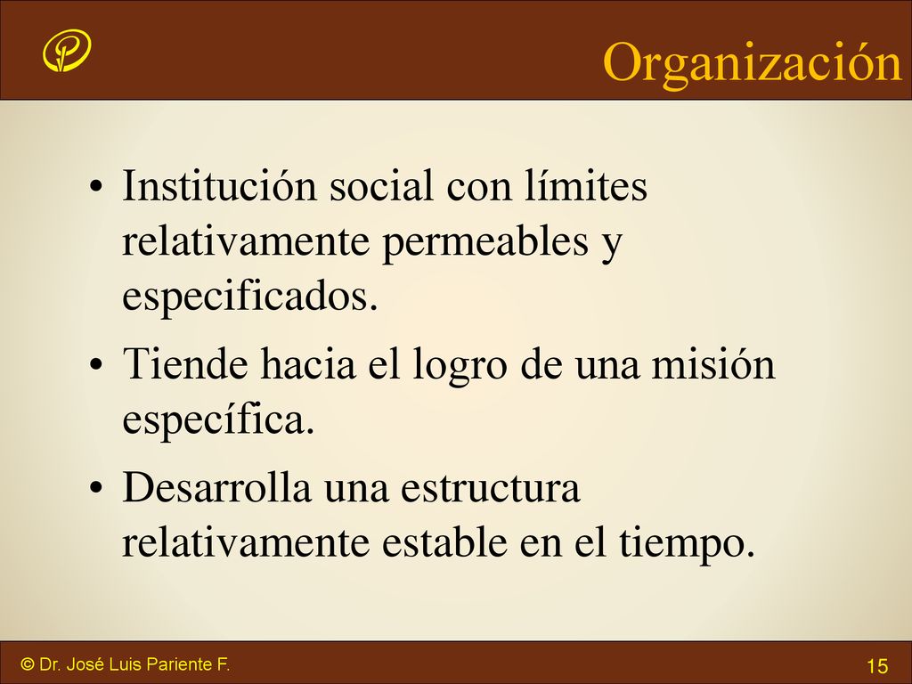 Organización Institución social con límites relativamente permeables y especificados. Tiende hacia el logro de una misión específica.
