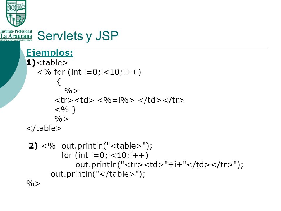 Servlets y JSP Ejemplos: 1)<table>