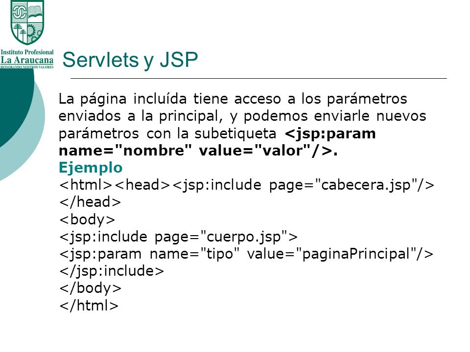 Servlets y JSP La página incluída tiene acceso a los parámetros enviados a la principal, y podemos enviarle nuevos.