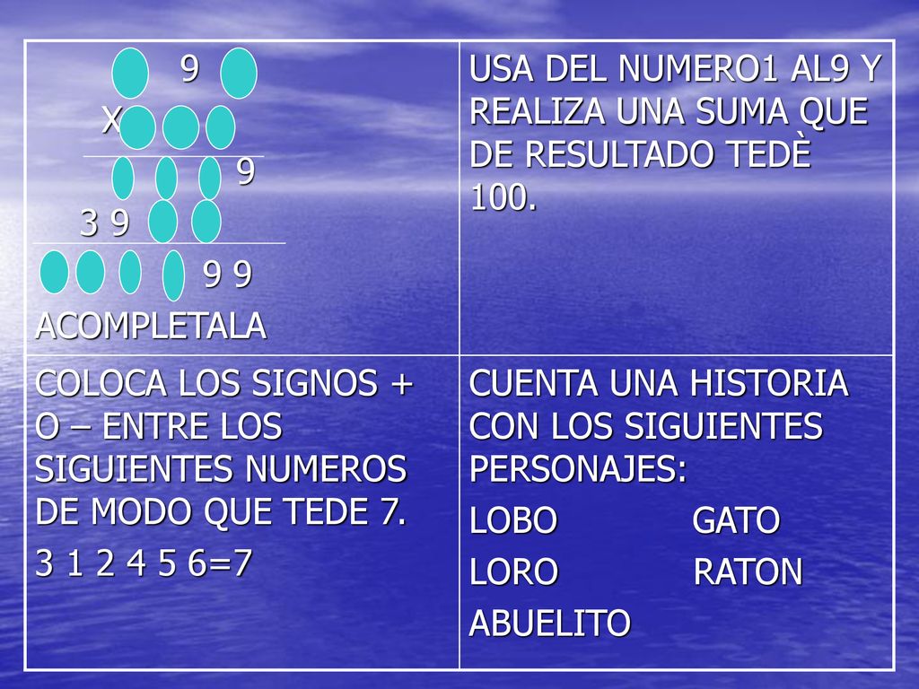 9 X ACOMPLETALA. USA DEL NUMERO1 AL9 Y REALIZA UNA SUMA QUE DE RESULTADO TEDÈ 100.