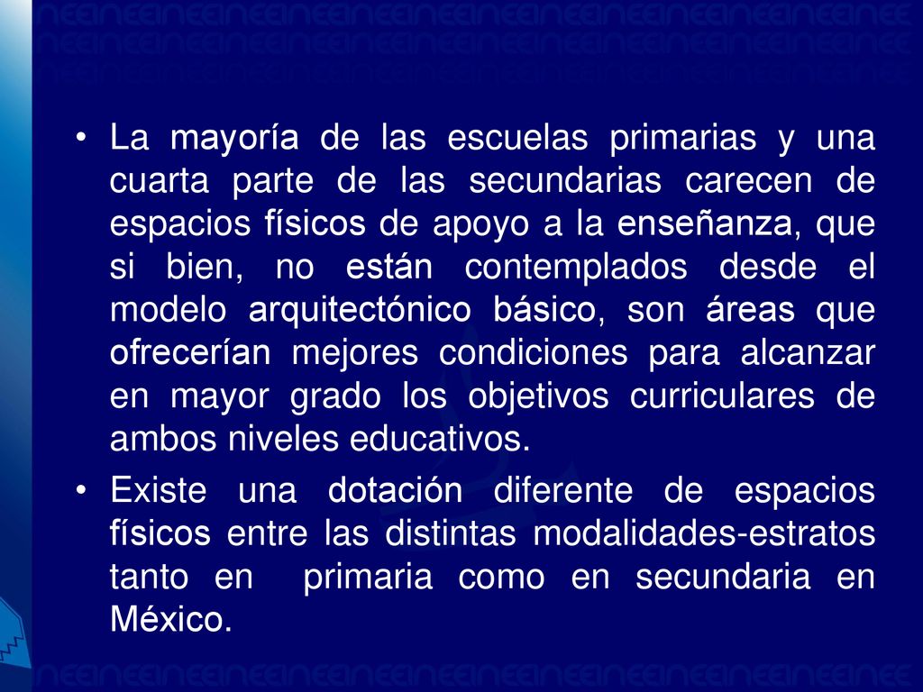 La mayoría de las escuelas primarias y una cuarta parte de las secundarias carecen de espacios físicos de apoyo a la enseñanza, que si bien, no están contemplados desde el modelo arquitectónico básico, son áreas que ofrecerían mejores condiciones para alcanzar en mayor grado los objetivos curriculares de ambos niveles educativos.