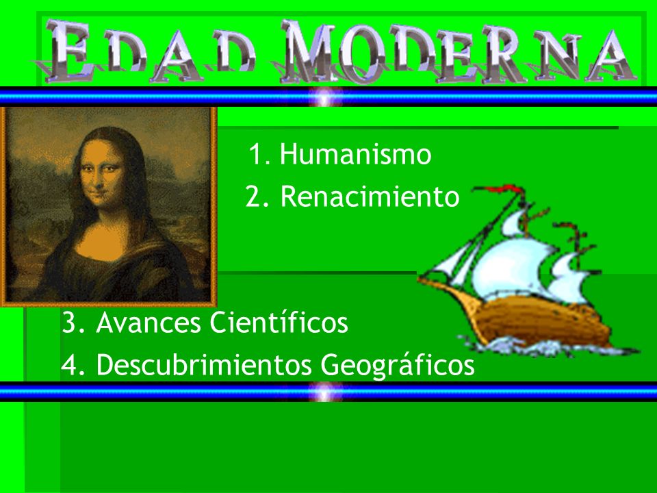 1. Humanismo 2. Renacimiento 3. Avances Científicos 4. Descubrimientos Geográficos
