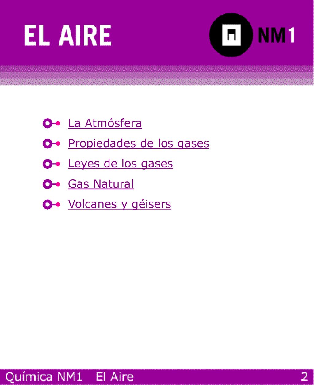 La Atmósfera Propiedades de los gases Leyes de los gases Gas Natural Volcanes y géisers