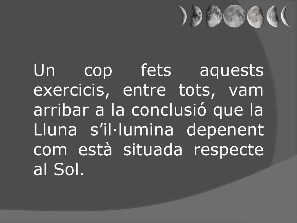 Un cop fets aquests exercicis, entre tots, vam arribar a la conclusió que la Lluna s’il·lumina depenent com està situada respecte al Sol.