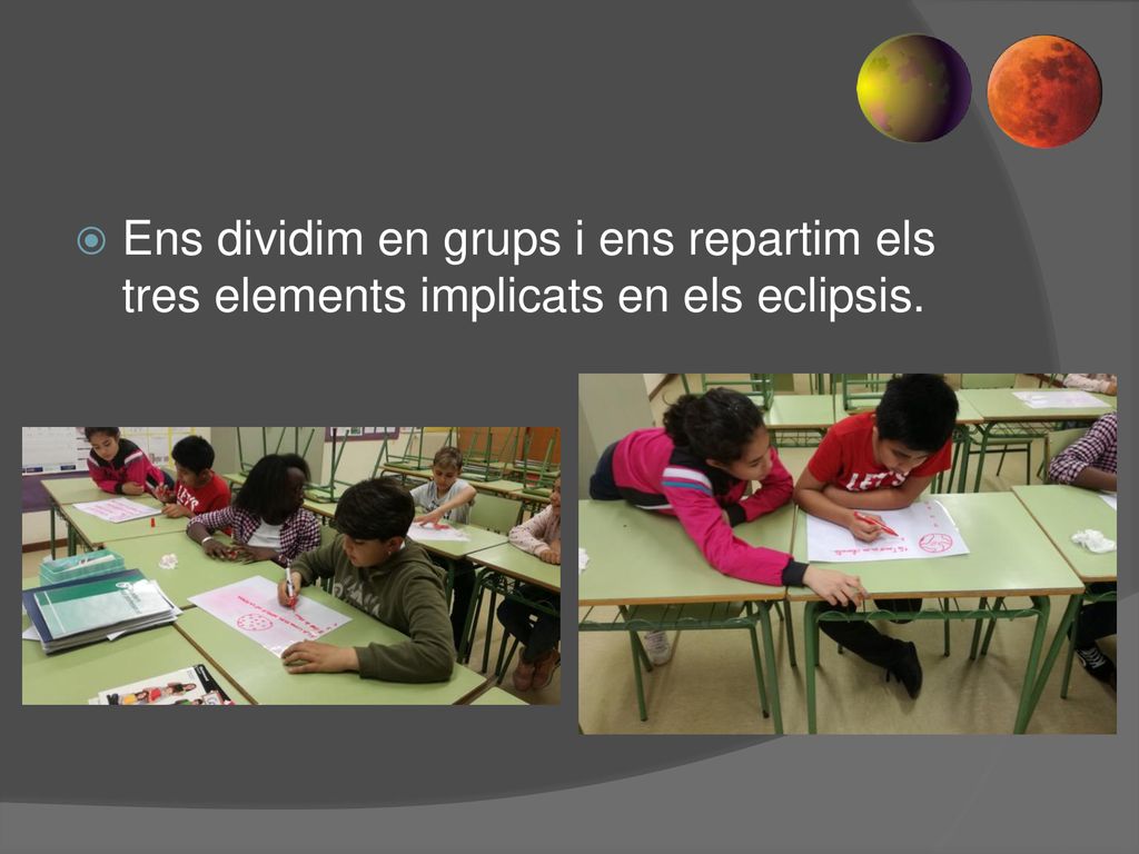 Ens dividim en grups i ens repartim els tres elements implicats en els eclipsis.