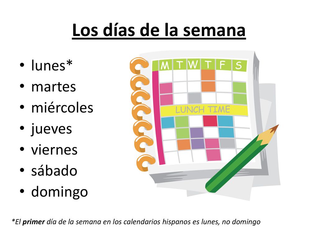 Los días de la semana lunes* martes miércoles jueves viernes sábado