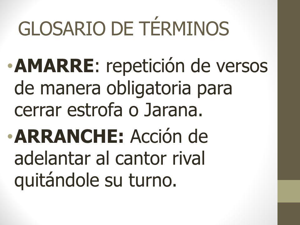 GLOSARIO DE TÉRMINOS AMARRE: repetición de versos de manera obligatoria para cerrar estrofa o Jarana.