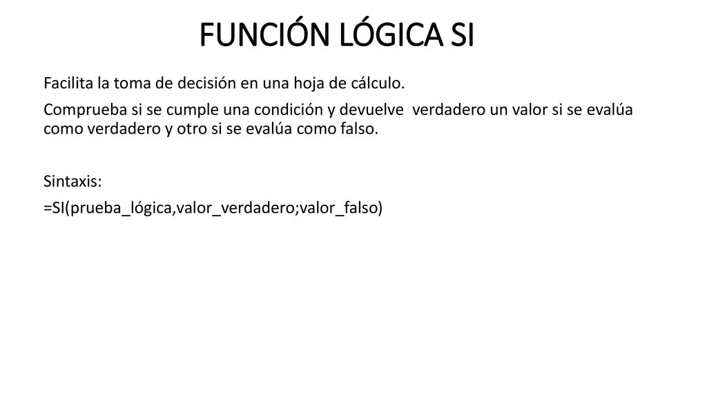 FUNCIÓN LÓGICA SI Facilita la toma de decisión en una hoja de cálculo.