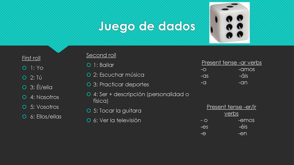 Juego de dados Second roll 1: Bailar 2: Escuchar música