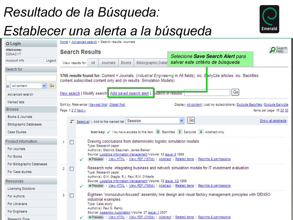 Resultado de la Búsqueda: Establecer una alerta a la búsqueda