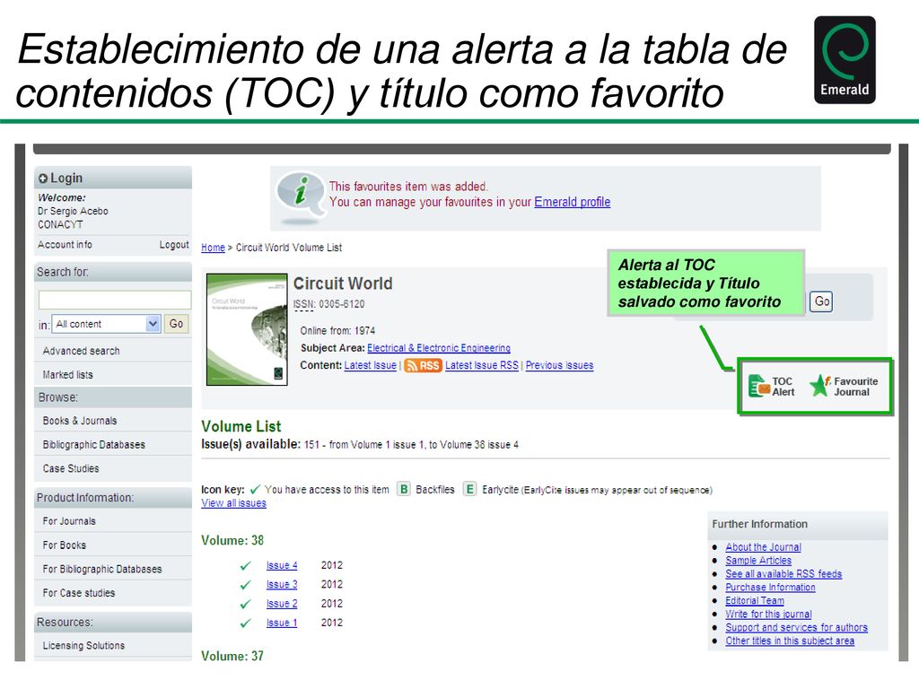 Establecimiento de una alerta a la tabla de contenidos (TOC) y título como favorito