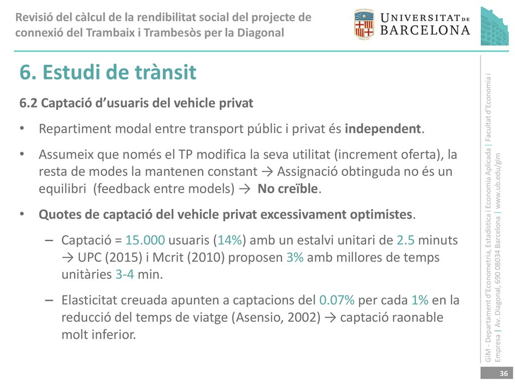 6. Estudi de trànsit 6.2 Captació d’usuaris del vehicle privat