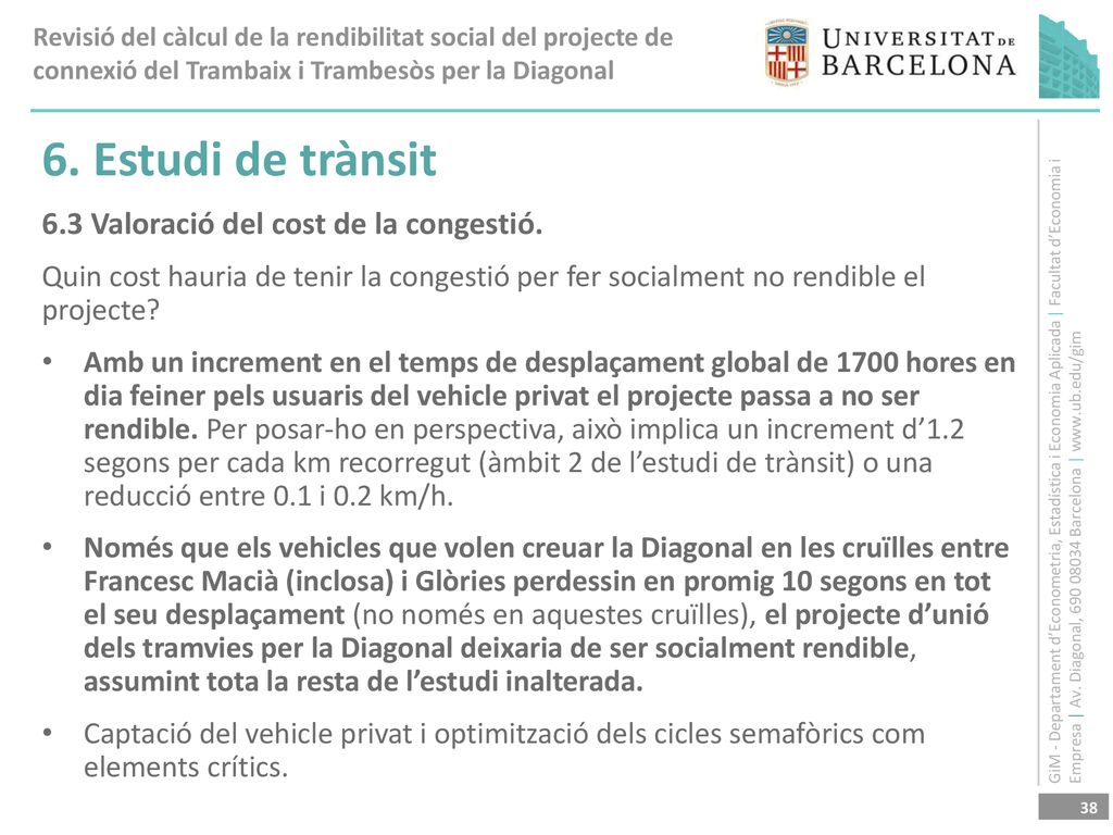 6. Estudi de trànsit 6.3 Valoració del cost de la congestió.