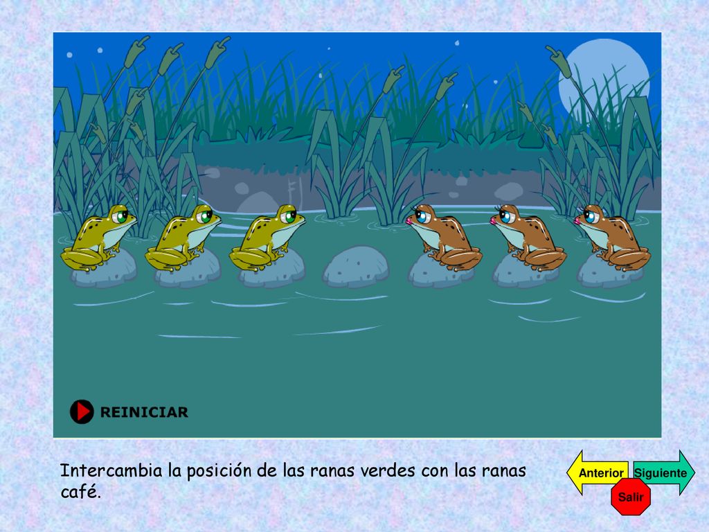 Intercambia la posición de las ranas verdes con las ranas café.