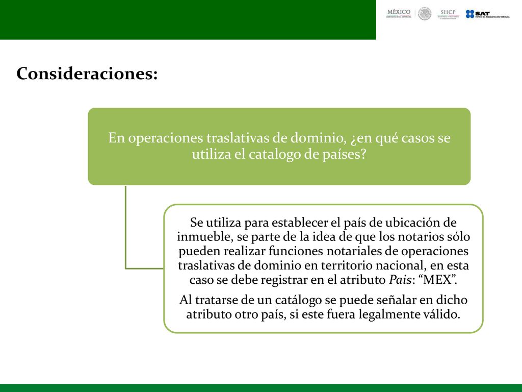 Consideraciones: En operaciones traslativas de dominio, ¿en qué casos se utiliza el catalogo de países