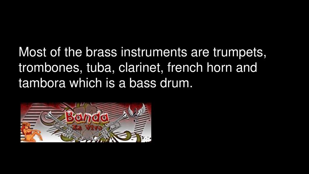 Most of the brass instruments are trumpets, trombones, tuba, clarinet, french horn and tambora which is a bass drum.