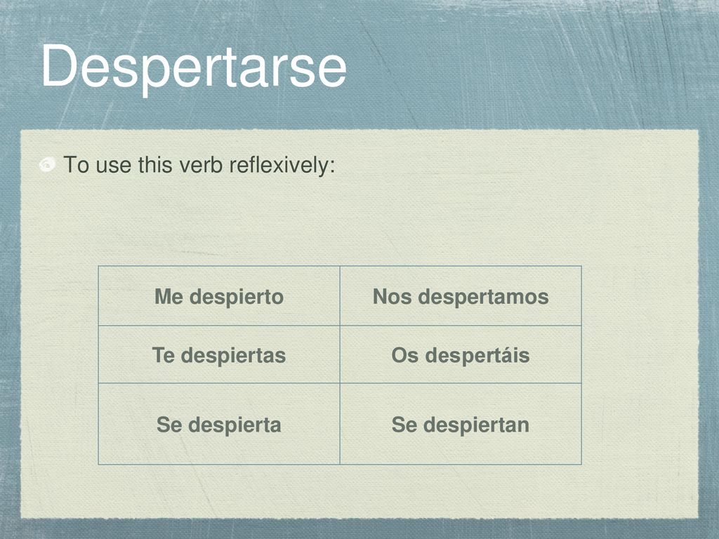 Despertarse To use this verb reflexively: Me despierto Nos despertamos