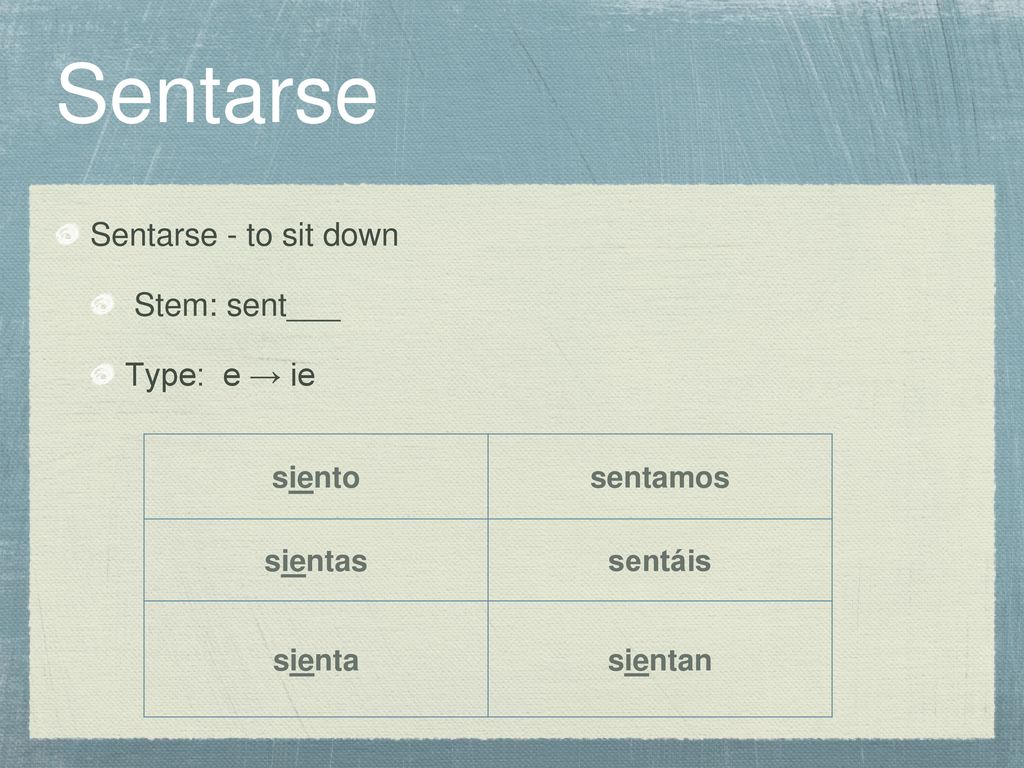 Sentarse Sentarse - to sit down Stem: sent___ Type: e → ie siento