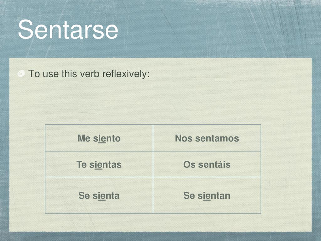 Sentarse To use this verb reflexively: Me siento Nos sentamos