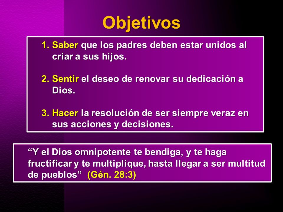 Objetivos Saber que los padres deben estar unidos al criar a sus hijos. Sentir el deseo de renovar su dedicación a Dios.