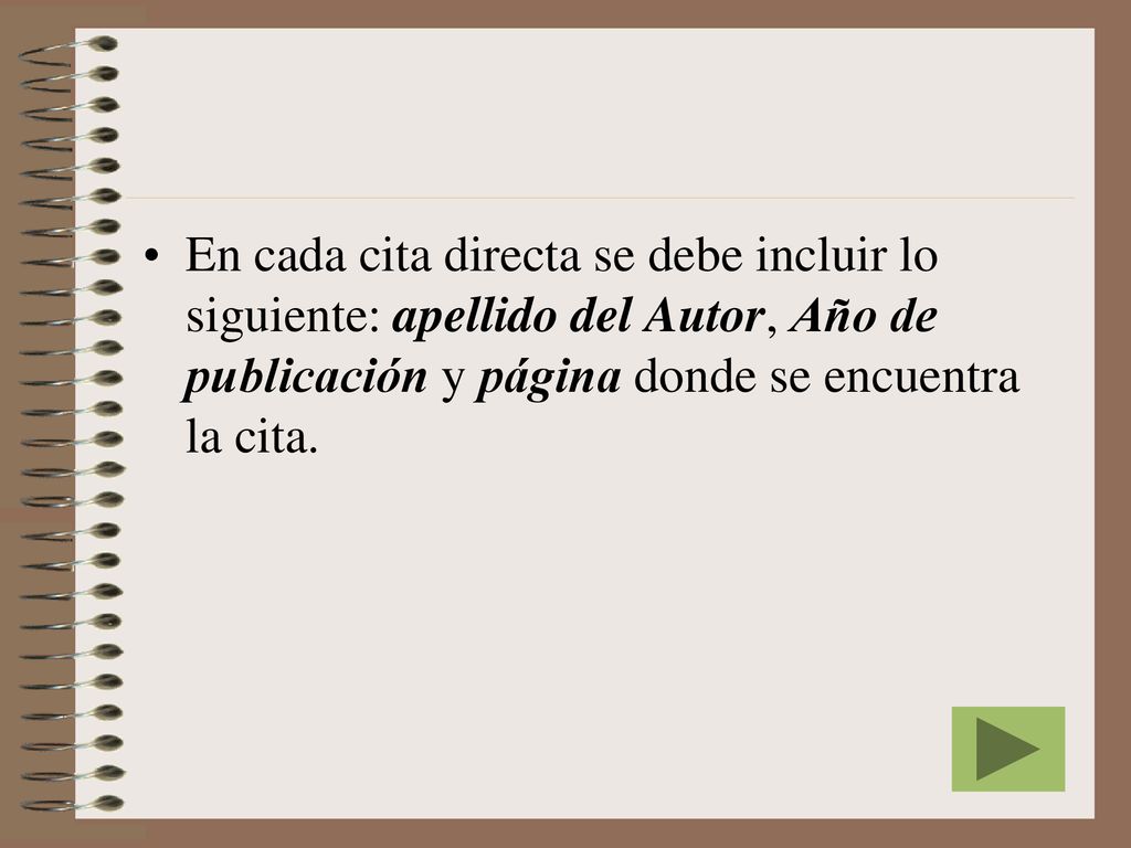 En cada cita directa se debe incluir lo siguiente: apellido del Autor, Año de publicación y página donde se encuentra la cita.