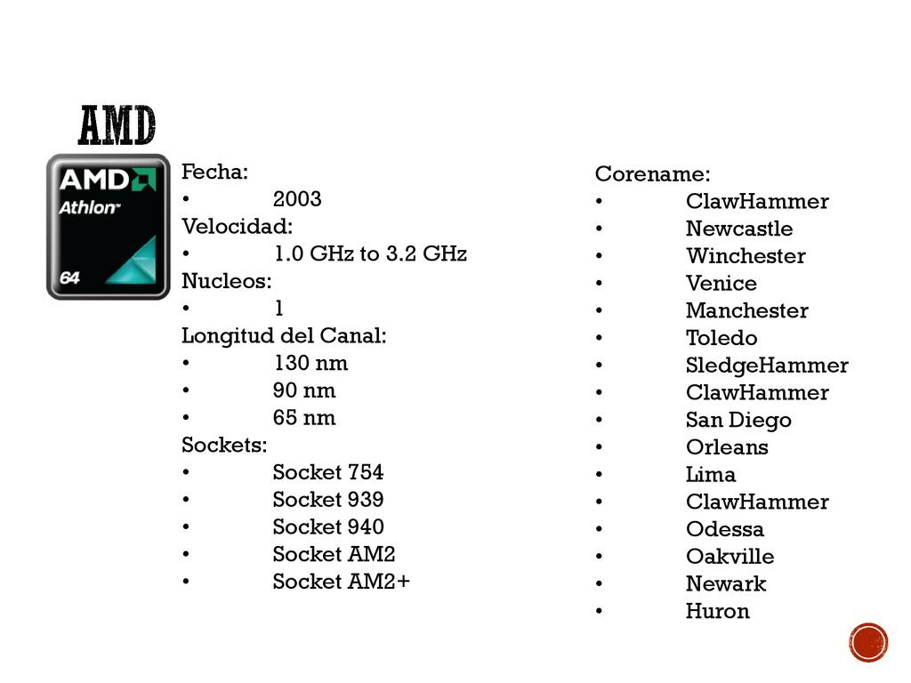 AMD Fecha: Corename: • 2003 • ClawHammer Velocidad: • Newcastle