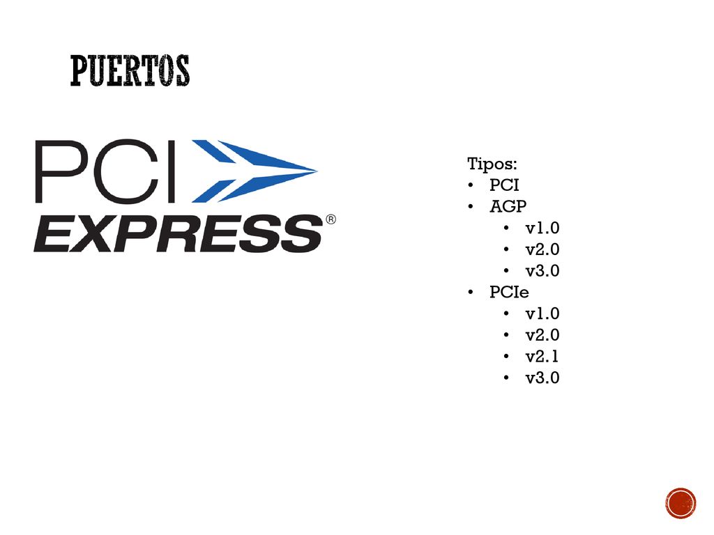 Puertos Tipos: PCI AGP v1.0 v2.0 v3.0 PCIe v2.1