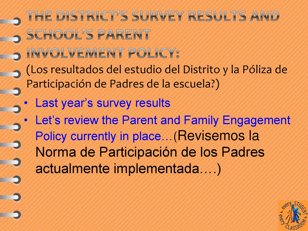 The District’s Survey results and School’s Parent Involvement Policy: (Los resultados del estudio del Distrito y la Póliza de Participación de Padres de la escuela )