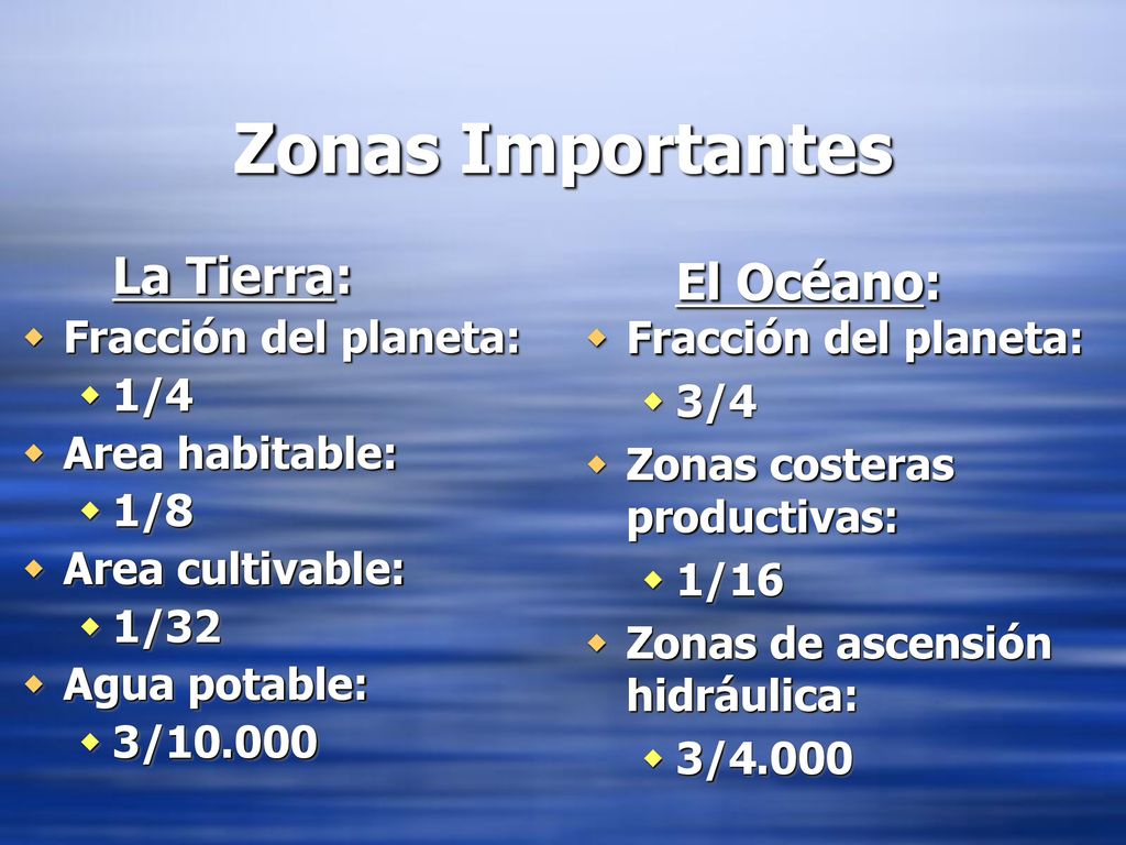 Zonas Importantes El Océano: La Tierra: Fracción del planeta: