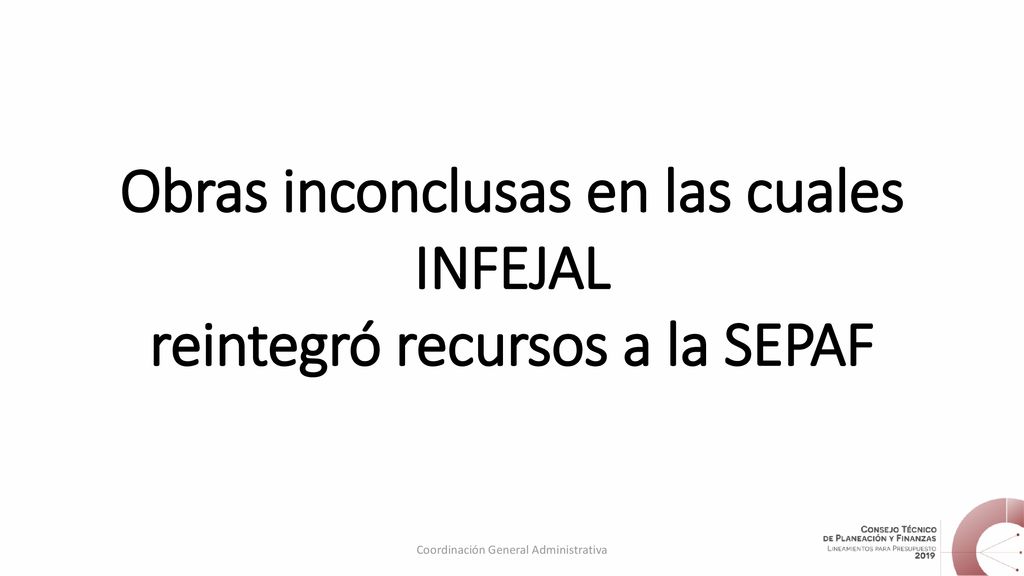 Obras inconclusas en las cuales INFEJAL reintegró recursos a la SEPAF