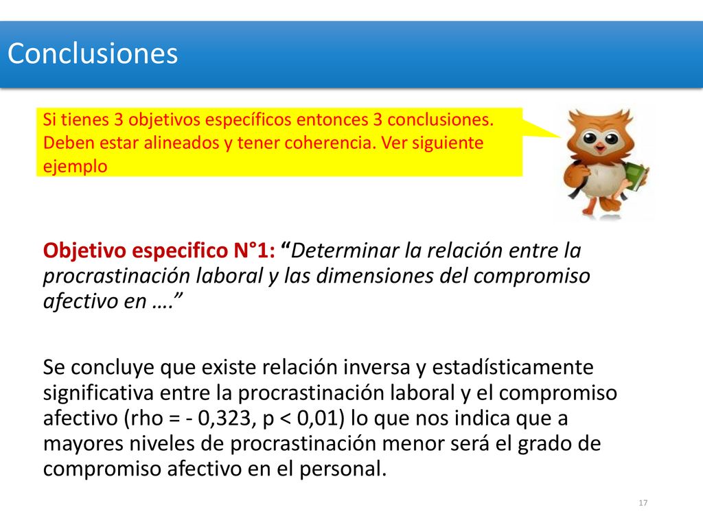 Conclusiones Si tienes 3 objetivos específicos entonces 3 conclusiones. Deben estar alineados y tener coherencia. Ver siguiente ejemplo.
