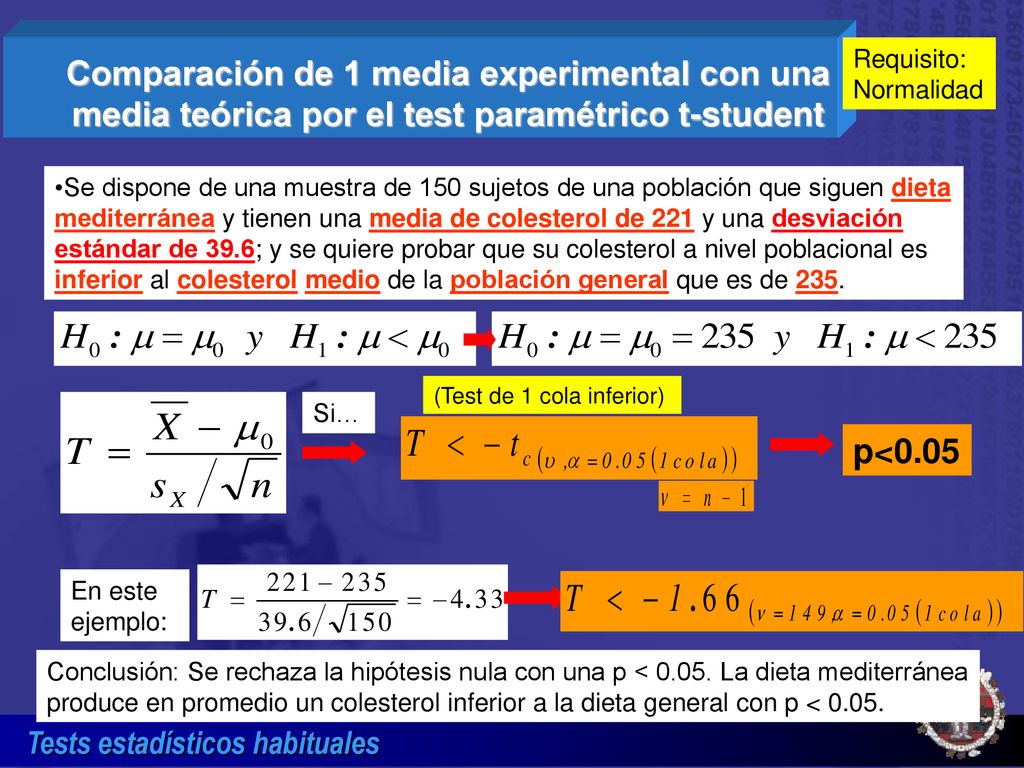 Comparación de 1 media experimental con una media teórica por el test paramétrico t-student