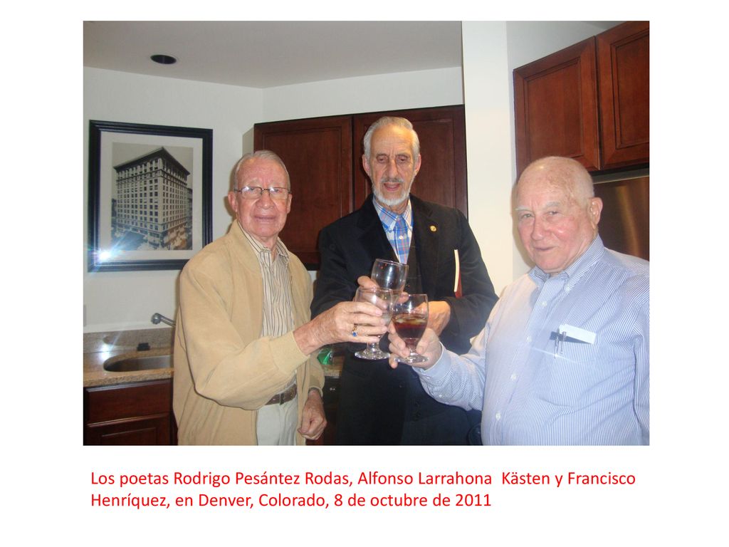 Los poetas Rodrigo Pesántez Rodas, Alfonso Larrahona Kästen y Francisco Henríquez, en Denver, Colorado, 8 de octubre de 2011