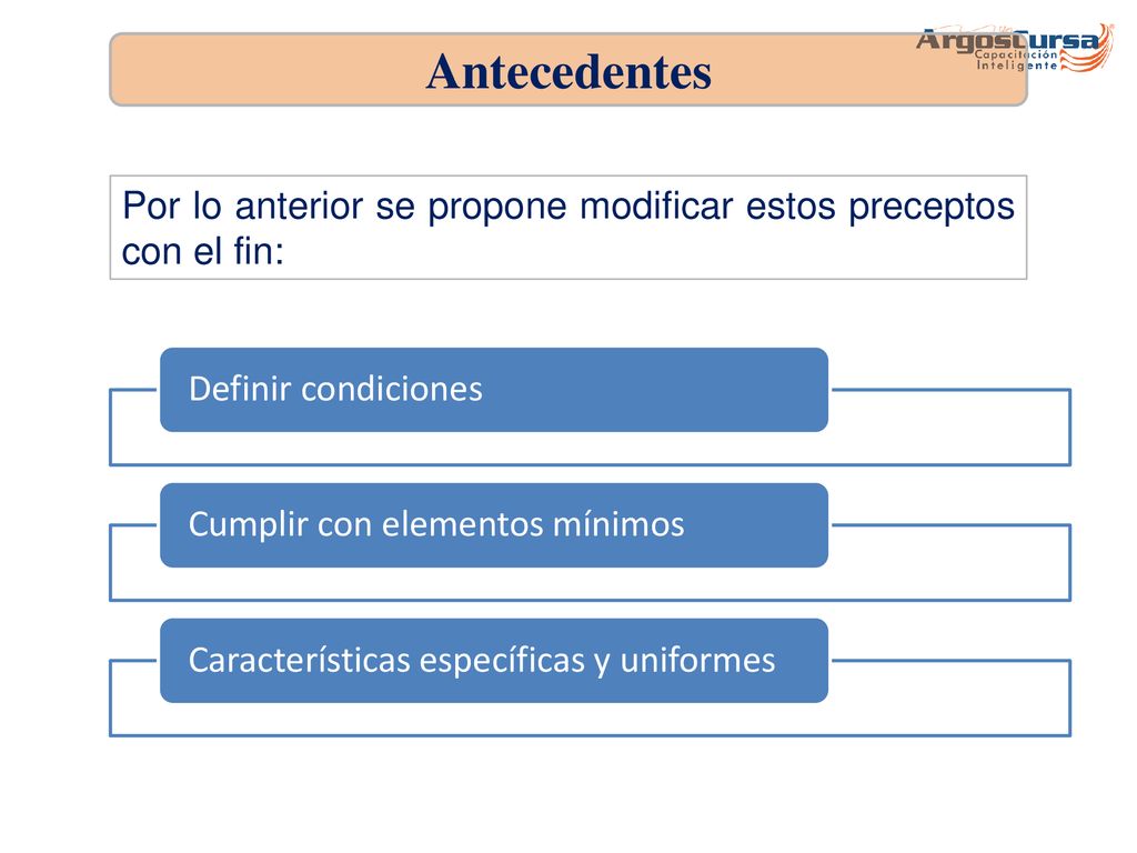 Antecedentes Por lo anterior se propone modificar estos preceptos con el fin: Definir condiciones.