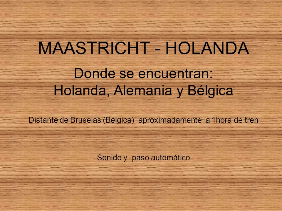 MAASTRICHT - HOLANDA Donde se encuentran: Holanda, Alemania y Bélgica Distante de Bruselas (Bélgica) aproximadamente a 1hora de tren Sonido y paso automático