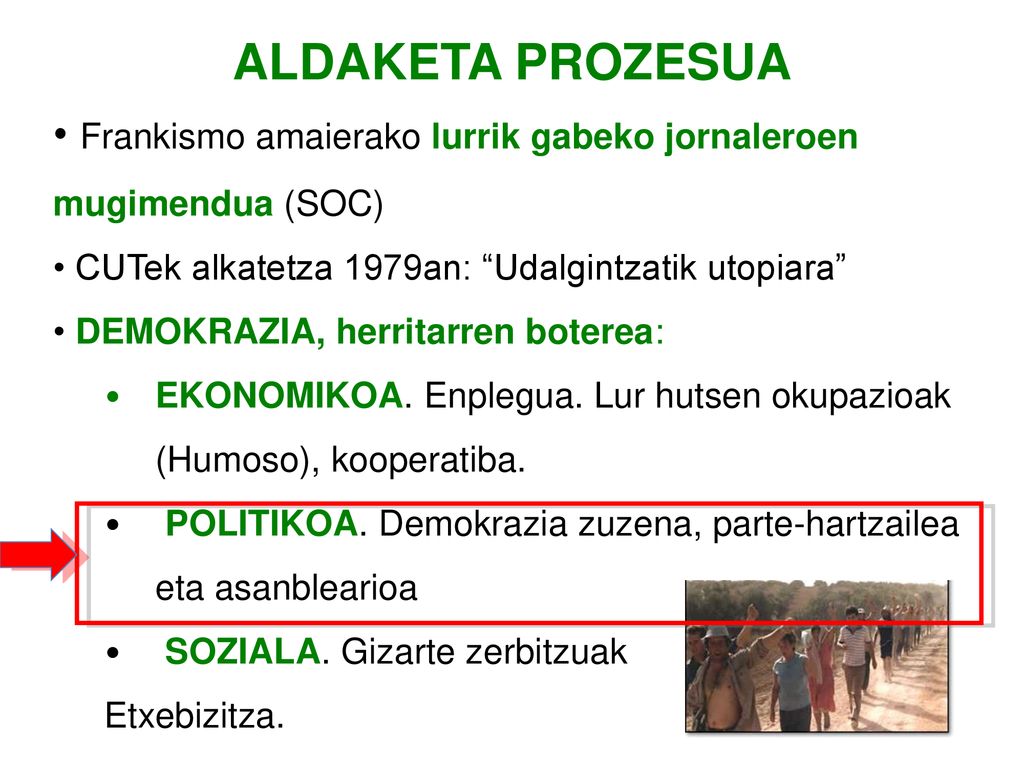 ALDAKETA PROZESUA Frankismo amaierako lurrik gabeko jornaleroen mugimendua (SOC) CUTek alkatetza 1979an: Udalgintzatik utopiara
