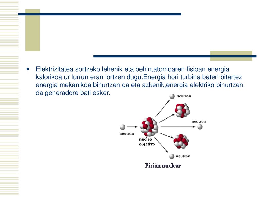 Elektrizitatea sortzeko lehenik eta behin,atomoaren fisioan energia kalorikoa ur lurrun eran lortzen dugu.Energia hori turbina baten bitartez energia mekanikoa bihurtzen da eta azkenik,energia elektriko bihurtzen da generadore bati esker.