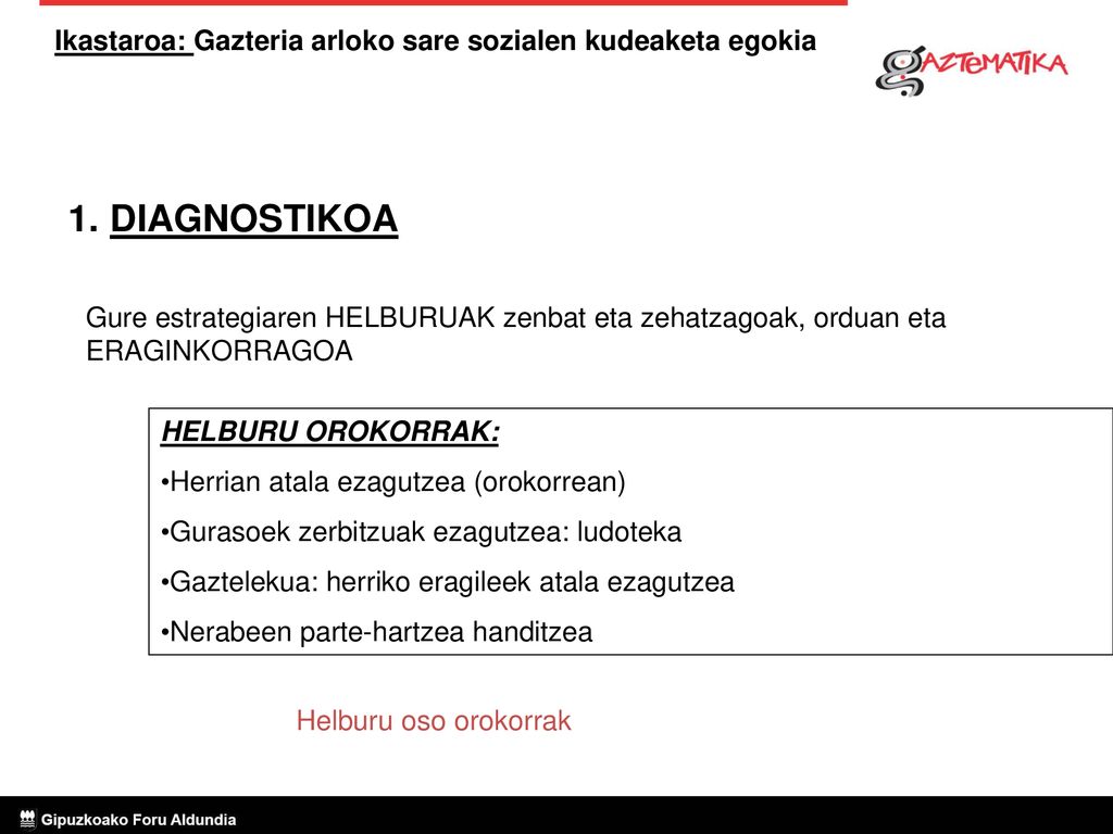 DIAGNOSTIKOA Gure estrategiaren HELBURUAK zenbat eta zehatzagoak, orduan eta ERAGINKORRAGOA. HELBURU OROKORRAK: