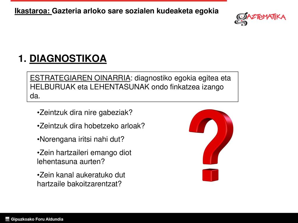 DIAGNOSTIKOA ESTRATEGIAREN OINARRIA: diagnostiko egokia egitea eta HELBURUAK eta LEHENTASUNAK ondo finkatzea izango da.