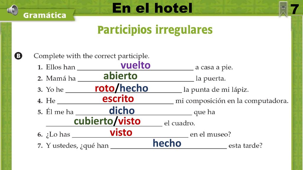 En el hotel 7 vuelto abierto roto/hecho escrito dicho cubierto/visto